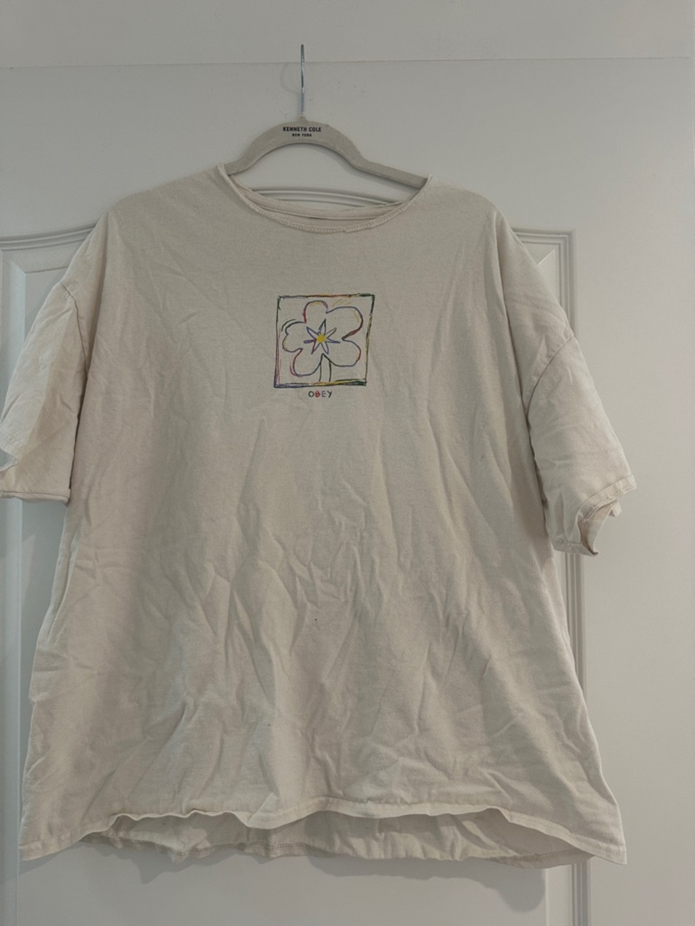 Obey Cream Tee with Rainbow Outline Flower vintage